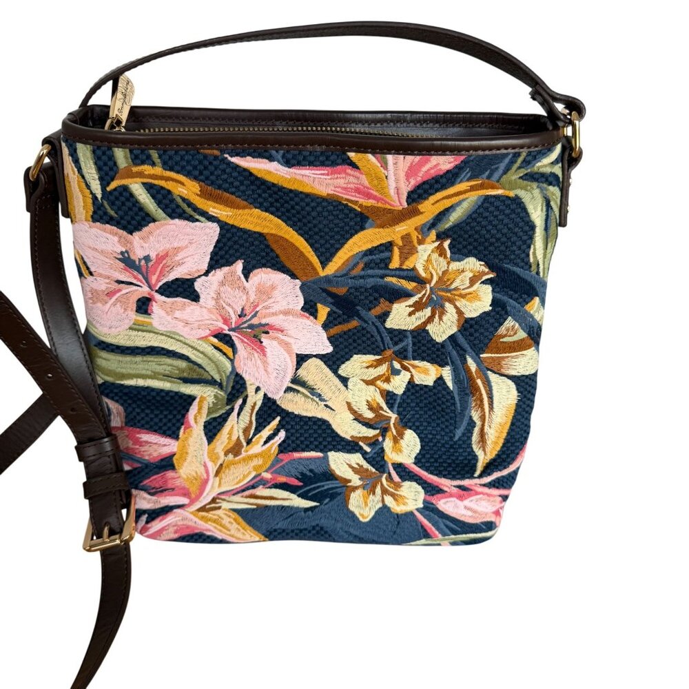 Tommy Bahama Floral Crossbody Bag Embroidered Blue Pink Brown Leather Strap - Picture 7 of 11